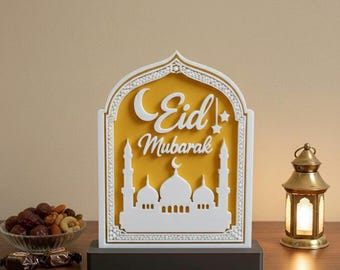 Letrero de Eid Mubarak - Decoración de mesa islámica impresa en 3D - Decoración de mezquita de Eid - Regalo de decoración musulmana para el hogar - Obra de arte moderna para la repisa de la chimenea de la celebración del Eid
