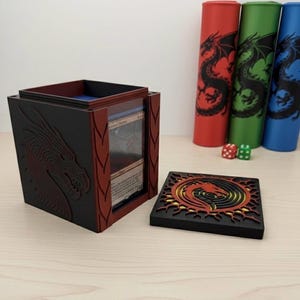 MTG Dragon Deck Box | Commander EDH Deck Box | TCG Card Storage | Fantasy Dragon Toploader Display Frame | Magnetic Lid Deckbox