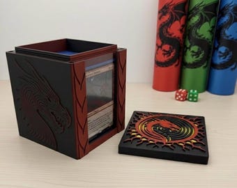 MTG Dragon Deck Box | Commander EDH Deck Box | TCG Card Storage | Fantasy Dragon Toploader Display Frame | Magnetic Lid Deckbox