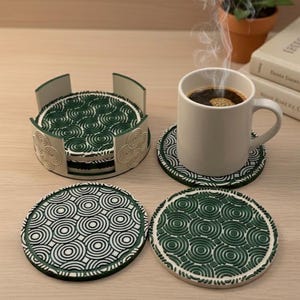 Modern Geometric Coasters Set of 6 with Holder, Unique Desk Accessory, Housewarming Gift, Spiral Pattern Drink Coasters, Tableware Decor
