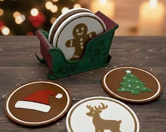May include: A set of Christmas-themed coasters with a sleigh-shaped holder. The coasters feature festive designs like a gingerbread man, Santa hat, Christmas tree, and reindeer. The coasters are brown, white, red, and green, perfect for holiday decor.