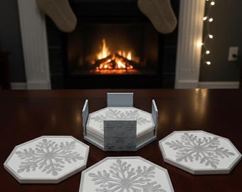 3D Printed Snowflake Coaster Set with Holder, Drink Coasters, Christmas Decor, Housewarming Gift, Octagon Design, Winter Table Decor