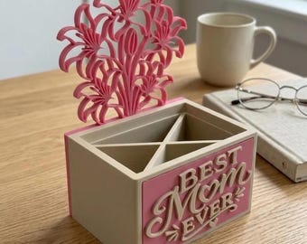 Organizador de escritorio "La mejor mamá del mundo" - Portalápices - Regalo floral rosa para mamá - Regalo del Día de la Madre
