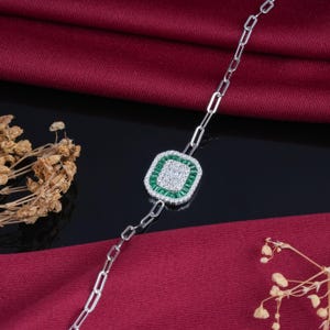 Emerald Halo Art Deco Bracelet | 925 Sterling Silver | CZ Diamonds