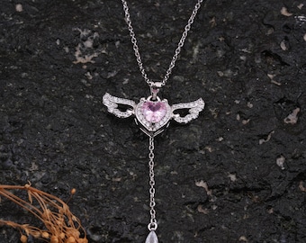Collana con ciondolo a forma di cuore e ala d'angelo, cuore rosa / Argento sterling 925 / Diamanti CZ