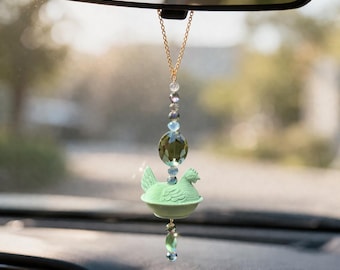 3D Printed Hen on Nest Car Charm, Beaded Suncatcher, Farmhouse Cottagecore Accessory