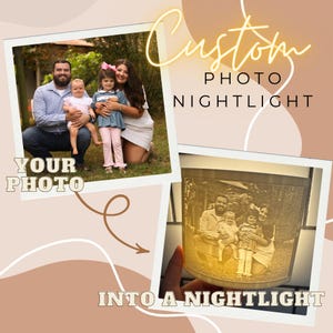 May include: Custom photo nightlight with a family portrait. The image shows a family of four in a sepia-toned nightlight. The nightlight is a cylinder shape. The text reads "Your Photo Into a Nightlight."