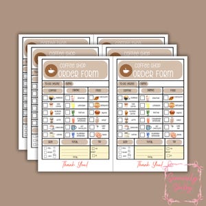 May include: A stack of coffee shop order forms. Each form has sections for coffee, drinks, and food, with checkboxes for selections. The forms are beige with brown text and a coffee cup logo. The words "Coffee Shop Order Form" are at the top.
