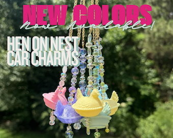 3D Printed Hen on Nest Car Charm, Beaded Suncatcher, Farmhouse Cottagecore Accessory
