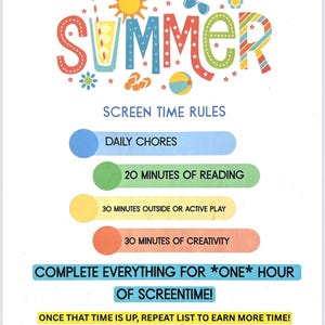 Könnte beinhalten: Eine bunte Illustration des Wortes „SUMMER“ mit einer Sonne, einer Sonnenbrille, Flip-Flops und einem Strandball. Die Illustration ist von Sternen umgeben. Unter der Illustration befindet sich eine Liste mit Bildschirmzeitregeln für Kinder: Tägliche Aufgaben, 20 Minuten Lesen, 30 Minuten im Freien oder aktivem Spielen, 30 Minuten Kreativität. Der Text besagt, dass alles für eine Stunde Bildschirmzeit erledigt werden soll. Sobald diese Zeit abgelaufen ist, wiederholen Sie die Liste, um mehr Zeit zu verdienen. Der Text besagt auch, dass die Gesamtzeitbegrenzung für die Bildschirmzeit 3 Stunden beträgt.