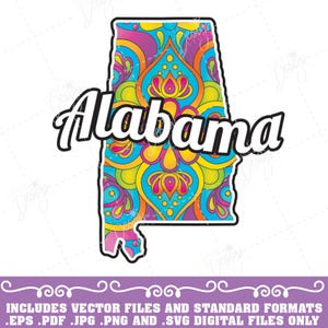 May include: A colorful, psychedelic design of the state of Alabama with the word "Alabama" in white text.