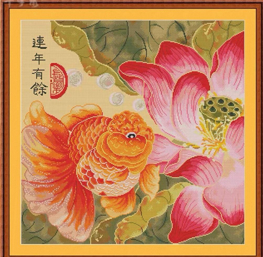 Stamped Cross Stitch Kit Lotus with Gold Fish-Perfect Gift for Craft Lovers-What you see is what you get