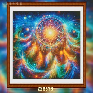 May include: A framed art print depicting a dreamcatcher. The artwork showcases a central web design with a bright, golden core. The colour palette includes blues, oranges, yellows, and greens, creating a celestial theme. The text "ZZ6578" is at the bottom of the print.