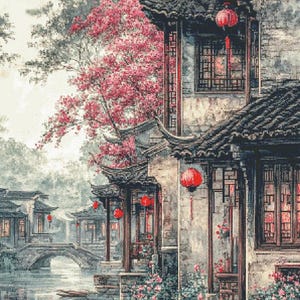 Peut inclure: Une peinture à l'aquarelle d'un village chinois traditionnel avec des lanternes rouges suspendues aux toits des bâtiments. Le village est situé le long d'un canal avec un petit bateau flottant sur l'eau. Des cerisiers en fleurs roses ornent les arbres.