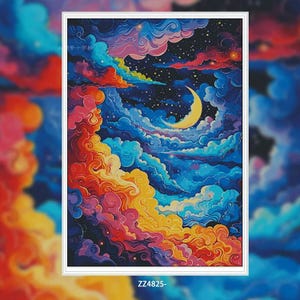 Puede incluir: Una obra de arte enmarcada que representa una vibrante escena del cielo nocturno. La imagen presenta nubes arremolinadas en tonos de azul, naranja, amarillo y rojo, con una luna creciente y estrellas. El texto "ZZ4825-" es visible en la parte inferior.