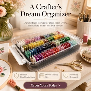 May include: A clear plastic organizer filled with colorful thread bobbins. The text "A Crafter's Dream Organizer" is at the top. The organizer is designed for cross-stitch, embroidery, and DIY projects. Gold scissors and a pin are on the table.