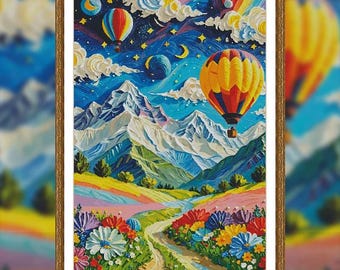 Könnte beinhalten: Gerahmtes Gemälde, das eine lebendige Landschaft mit Heißluftballons, Bergen und einem gewundenen Pfad zeigt. Der Himmel ist blau mit Sternen, Monden und einem Regenbogen. Der Pfad ist mit Blumen gesäumt. Der Text "ZZ5548" befindet sich unten.