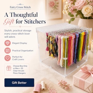 May include: A clear acrylic floss storage box with colorful embroidery floss. The box has a lid and is filled with various colors of floss. Text on the image reads "A Thoughtful Gift for Stitchers."