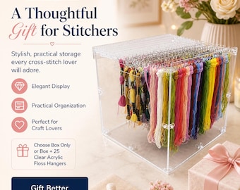 Clear Acrylic Floss Hanger Storage Box– 1 box of 25 clear acrylic floss hangers (with 490 DMC color numbers)–Cross Stitch Thread Organizer