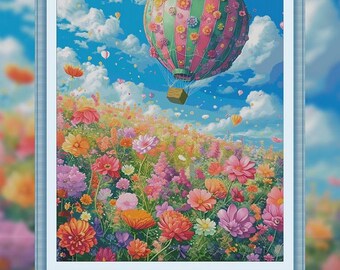Könnte beinhalten: Ein lebendiges Gemälde zeigt einen mit Blumen geschmückten Heißluftballon, der über einem Feld bunter Blüten schwebt. Der Ballon hat rosa, grüne und orangefarbene Streifen und ist mit floralen Akzenten verziert. Der Text "ZZ4894-" ist sichtbar.