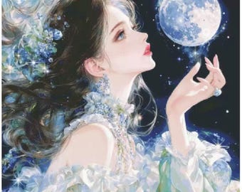 Può includere: Una donna con lunghi capelli scuri e un vestito bianco fluttuante guarda in alto verso una grande luna blu. La luna è circondata da stelle scintillanti e da un'aura morbida e blu.