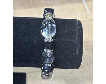 Vintage Gothic Halloween Lampwork Art Glass Black Bat Stretch Bracelet