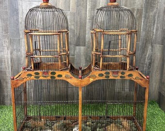Vintage Victorian Cathedral Double Bird Cage Hand Painted Wood Decorative Aviary