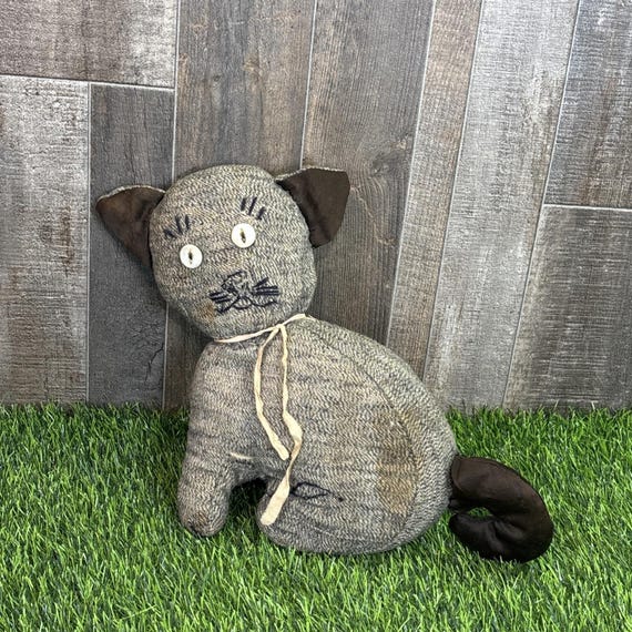 Vintage 1950s Handmade Plush Cat Primitive Folk Art Button Eyes