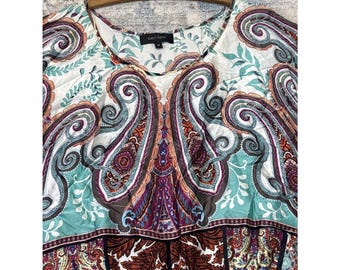 Karen Kane 100% Silk Boho Blouse M Paisley Floral Batwing Tie Front Top