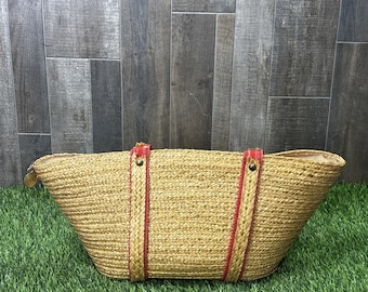 Vintage 1970s Made In Italy Woven Rattan Straw Tote Bag Red Trim Beach Market