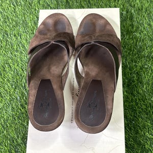 Tommy Bahama Wooden Say No Caffeine Italy Brown Leather Slide Sandals Women's 9M image 6