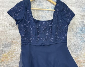 Vintage Mori Lee Bridesmaid Dress Womens 10 Navy Blue Embroidered Gown