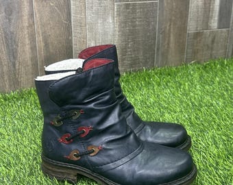 Rieker Leather Moto Ankle Boots Womens 38 Black Red Lined Comfort