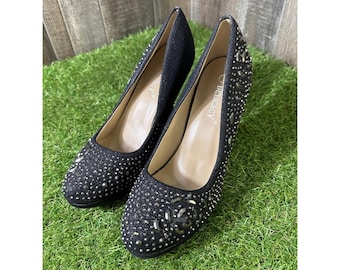 Zapatos de tacón alto negros Delicacy, talla 9, con pedrería brillante, para ocasiones formales.