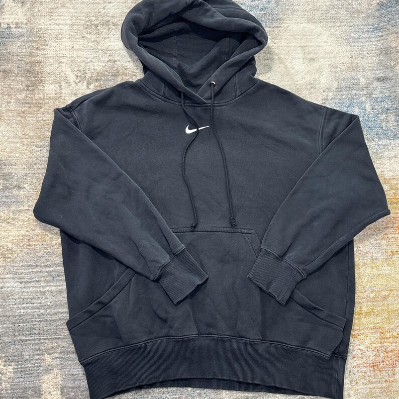 Sudadera con capucha Nike Vintage talla pequeña, negra, mini Swoosh, estilo años 90, desgastada, unisex, extragrande. imagen 2