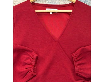 Madewell Texture & Thread Red Wrap Top Long Sleeve Balloon Cuff V-Neck Small