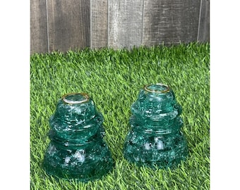 Lote 2 Aisladores de vidrio Hemingray 42 color verde azulado aguamarina vintage fabricados en EE. UU. con efecto craquelado
