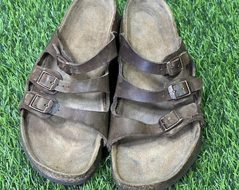 Birkenstock braun Leder 3 Riemchen Sandalen Schnalle Kork Fußbett Komfort