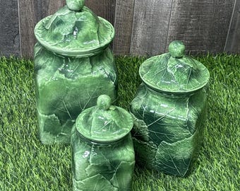 Ensemble de pots de cuisine en céramique vintage Green Leaf avec couvercles, lot de 3
