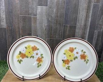 Lote 2 Platos llanos de gres estilo japonés Interpur Flower Garden, década de 1970, diseño floral