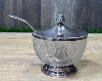 Azucarero vintage de cristal rosa esmerilado EP Zinc Italy con tapa y cuchara para condimentos.