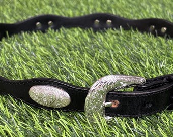 Women's Black Leather Studded Belt Size 34 Heart Studs Whimsy Goth Gothic