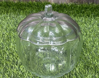Vintage Klarglas Kürbis Candy Dish Glas w / Deckel Herbst-Halloween-Dekor