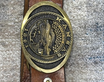 Cinto de couro vintage Kansas 1861 Ad Astra Per Aspera