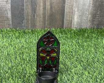ヴィンテージ台湾製鋳鉄製ティーライトホルダー、教会窓ステンドグラス風