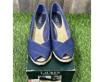 Lauren Ralph Lauren Wedge Espadrilles Navy Knit Shoes Women Coastal 10