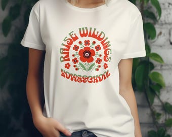 Retro Vibes Homeschool Mom T-Shirt, Raise Wildlings Home Educator Comfort Colors Shirt, Floral Homeschooling Crunchy Mama Mother's Day Gift