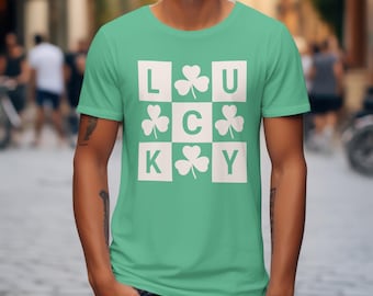Lucky Irish Shamrock Retro Checkered Shirt, St Pattys Good Luck Shirt, Cute Saint Patricks Day Graphic Shirt, St Patricks Day Clover T-Shirt
