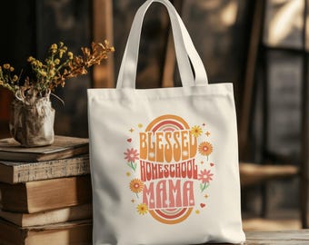 Sac fourre-tout en toile rétro Blessed Homeschool Mama, sac Christian Homeschool Mama, préréglage de vie de maman enseignement à domicile, cadeau pour professeur, cadeau de fête des mères