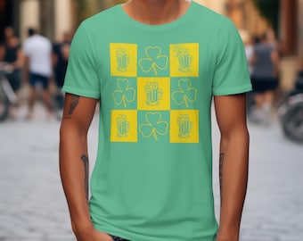 Retro Checkered Irish Beer Lover Shamrock Shirt, Lucky St. Patricks Funny Tipsy Pub Crawl T-Shirt, Drink Green Beer Tee for Saint Paddys Day